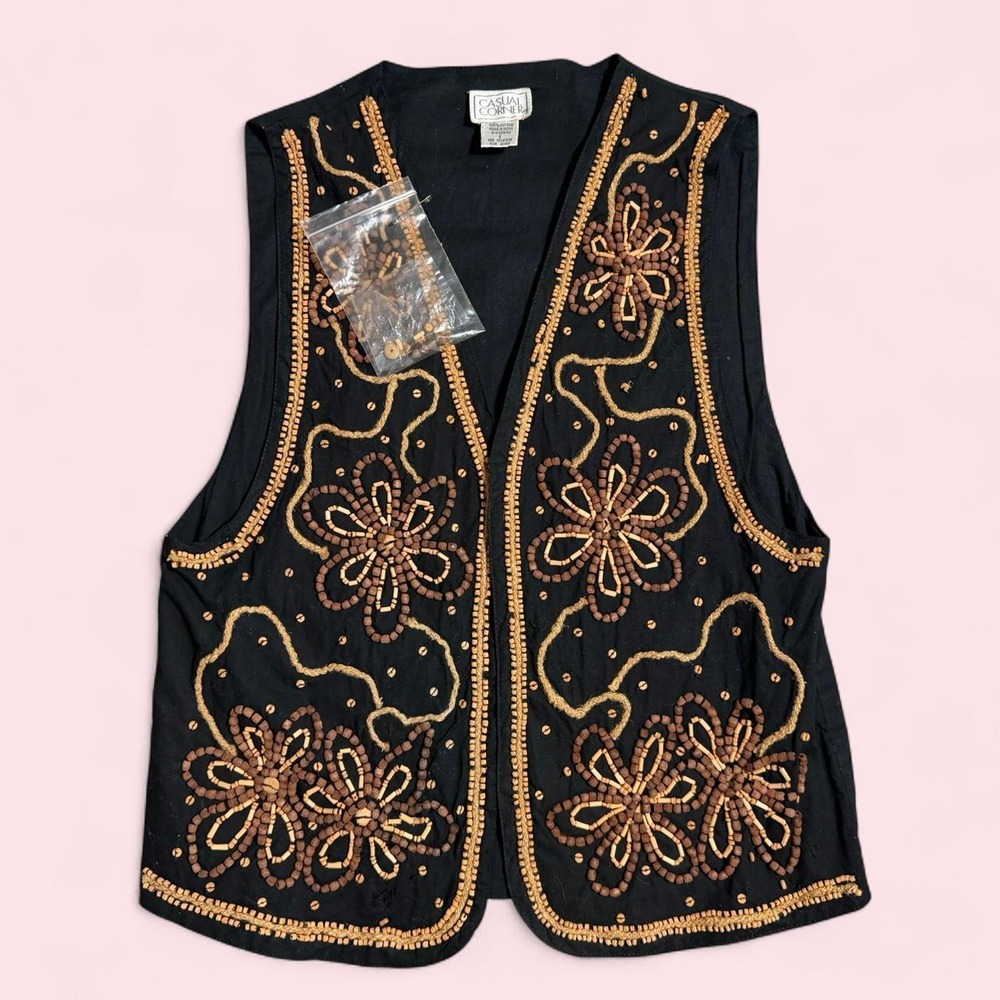 Casual Corner Vintage Wooden Beaded Boho 70s Vest Black Small Deadstock